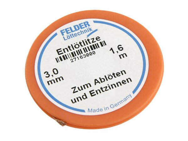 Entlötlitze FELDER, 3,0mm, mit halogenfreiem Flussmittel getränkte Kupferlitze, 1,60m Spule