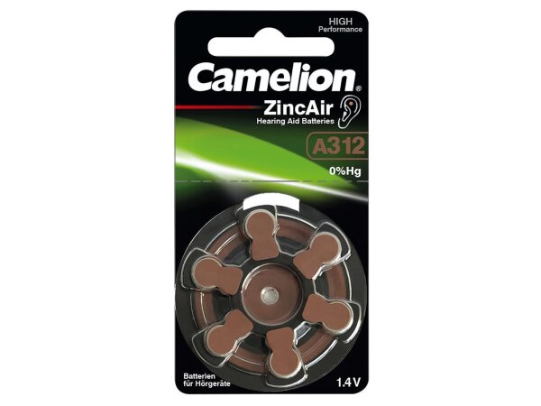 Knopfzelle CAMELION, A312, Zink-Luft, 6er-Blister