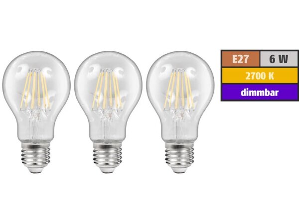 LED Filament Set McShine, 3x Glühlampe, E27, 6W, 600lm, warmweiß, klar, dimmbar