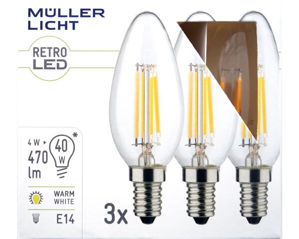 LED Filament Kerzenlampe, E14, 4W, 470lm, 2700K, warmweiß, 3er Set