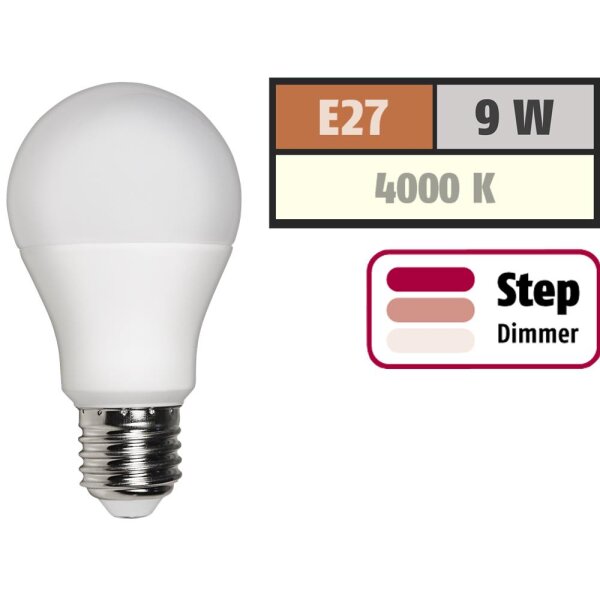 LED Glühlampe McShine, E27, 9W, 820 lm, 4000K, neutralweiß, step dimmbar 100/50/10%