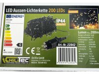 LED Aussen-Lichterkette "CT-ALK200" 20m warmweiß, Kabel schwarz, IP44, 200 LEDs