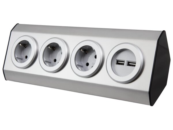 Steckdosenblock McPower Premium Aufbau, Edelstahl, 3-fach Schutzkontakt + USB