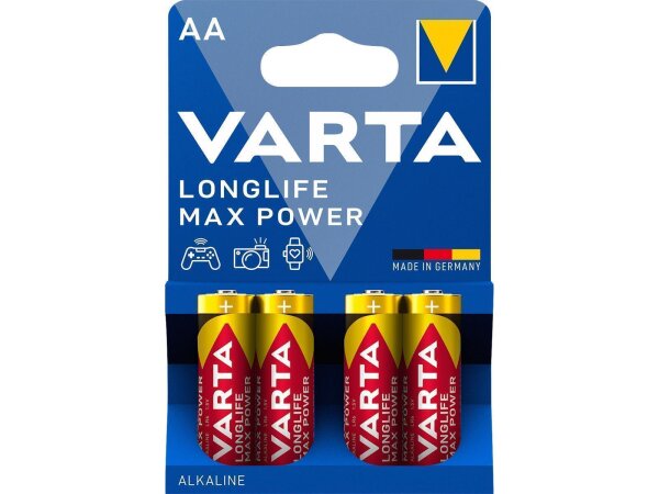 Mignon-Batterie VARTA Longlife Max Power Alkaline, Typ AA, LR06, 1,5V, 4-Pack