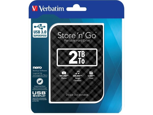 Externe Festplatte Store n Go Verbatim, 2 TB Speicher, USB 3.0, inkl. Kabel