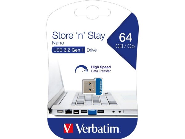 Nano USB-Stick Store n Stay Verbatim, 64GB Speicher, Typ-A, extraflach, blau