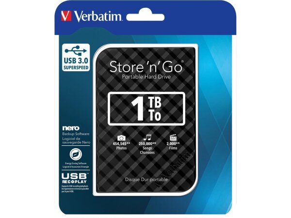 Externe Festplatte Store n Go Verbatim, 1 TB Speicher, USB 3.0, inkl. Kabel