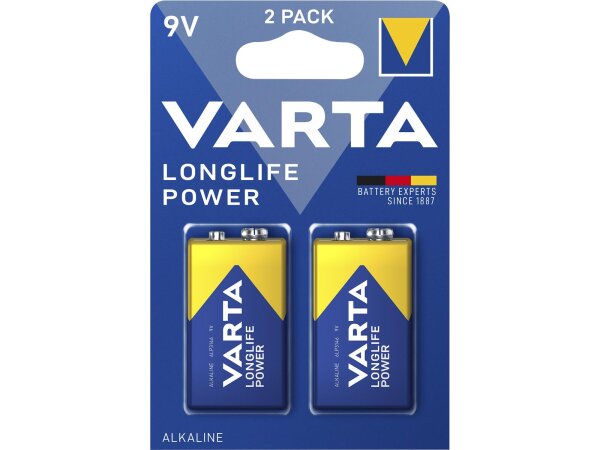 9V-Block Batterie VARTA Longlife Power Alkaline, 6LR61, 2er Pack