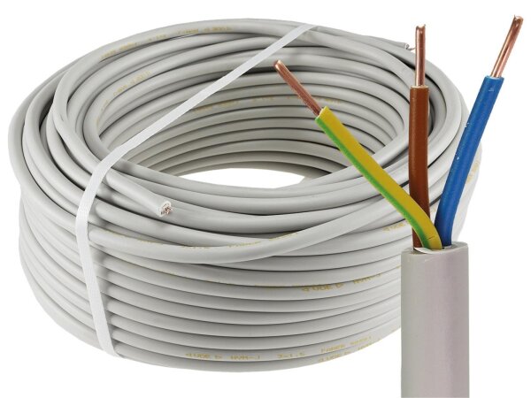 Stromleitung "NYM-J", 50m, isoliert 3G2,5, grau, Außen-Ø 8,2mm, Ring