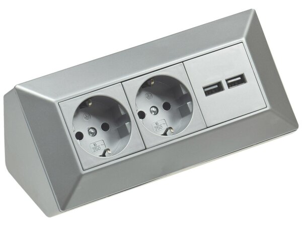 2-fach Steckdosenblock + 2x USB, silber 250V~/ 16A, Aufbaumontage, USB 3,1A